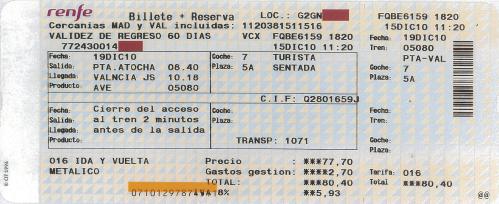 Billete Ave Valencia 19 dic